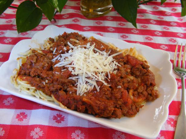 Spaghetti sauce with meat and chorizo. Photo by Seasoned Cook