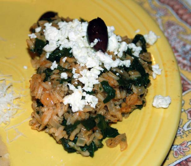Greek Rice with Spinach, Feta and Black Olives. Photo by appleydapply