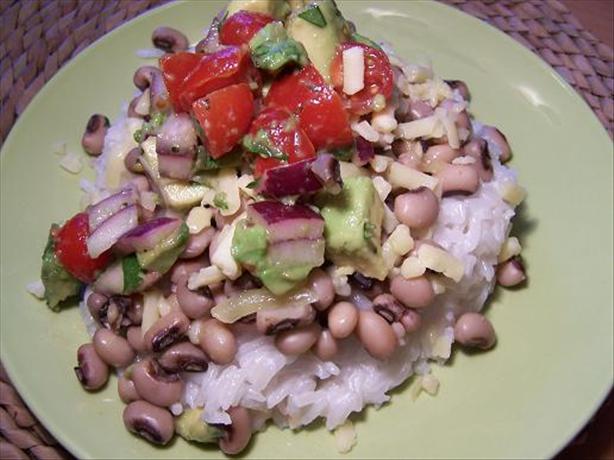 Black Eyed Peas with Coconut Rice and Avocado Salsa. Photo by Moor Driver