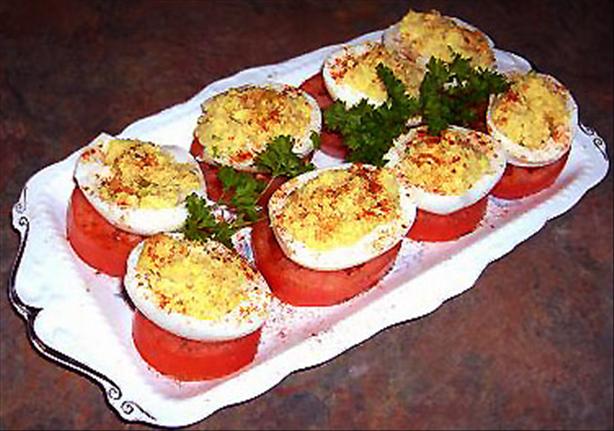 Mom's Stuffed Eggs Tomato Stack. Photo by Derf
