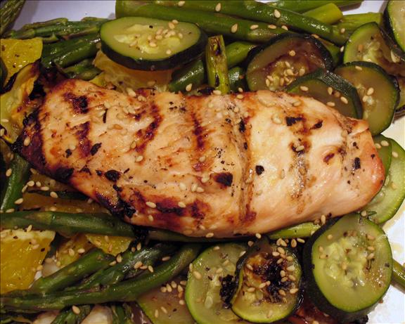 Grilled Orange Sesame Chicken and Vegetables. Photo by yogiclarebear