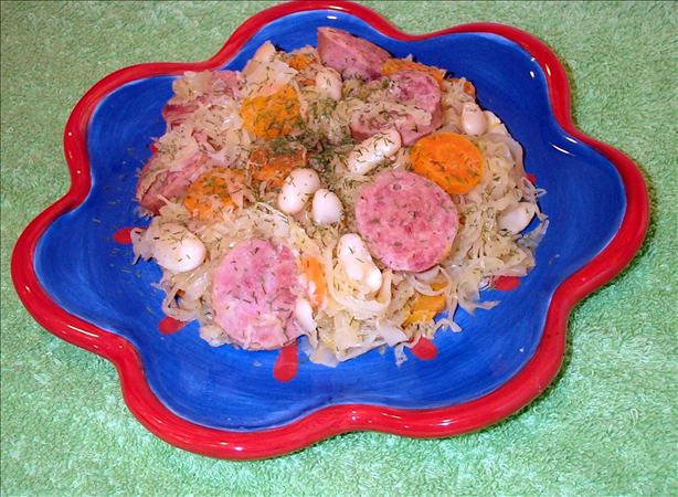 Kielbasa With Sauerkraut, Carrots, White Beans and Dill. Photo by Lorac