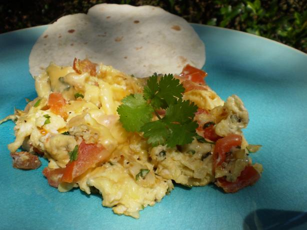 Scrambled Eggs With Tomato, Cheddar and Cilantro. Photo by breezermom
