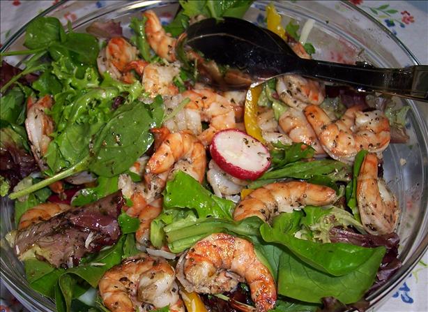 Grilled Herbed Shrimp on Mixed Greens. Photo by Hey Jude